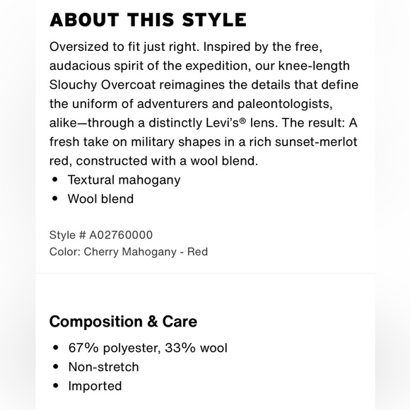 Levi’s Men’s Wool Blend Oversized Slouch Overcoat Jacket Size X-Large NWT - Picture 16 of 16